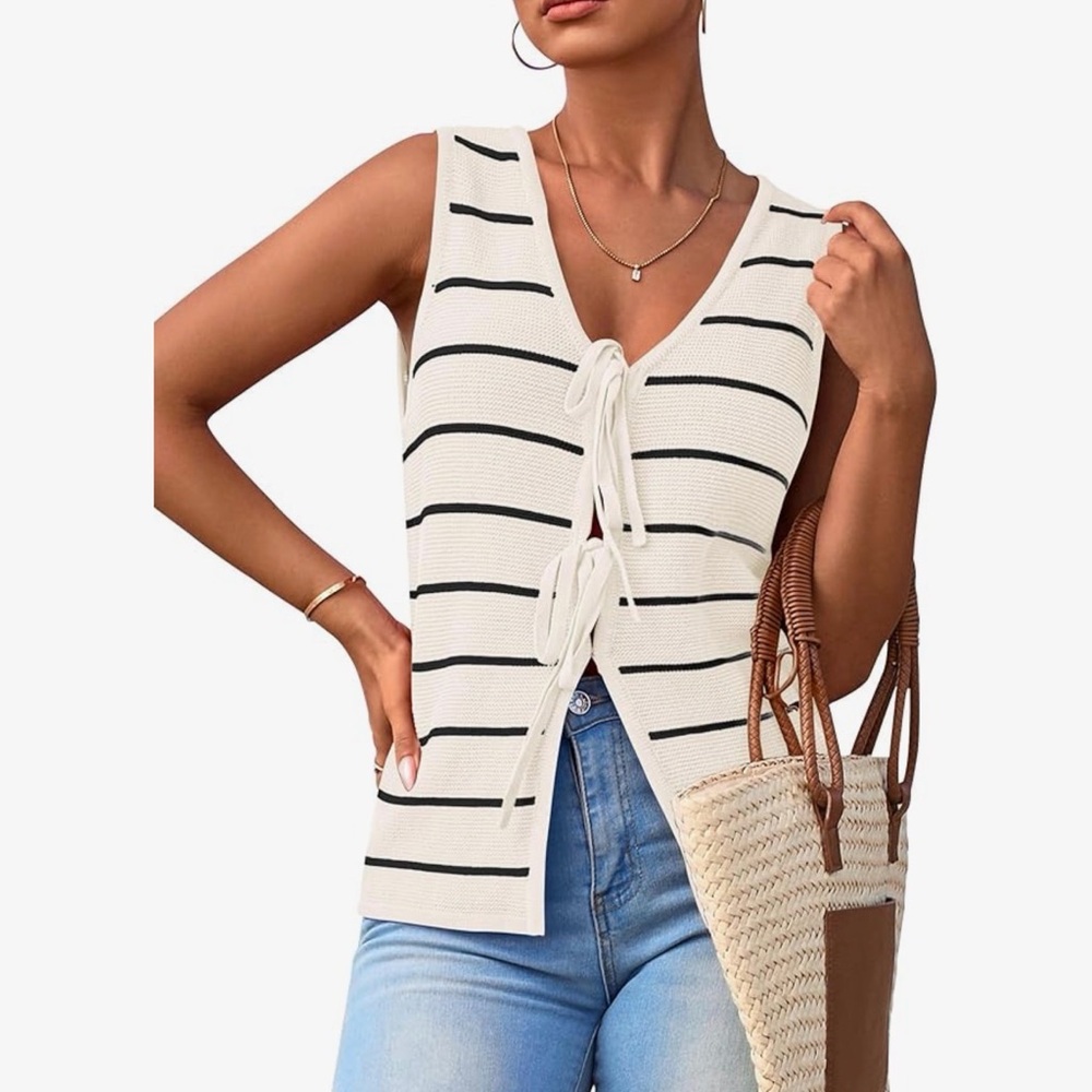 Striped Tie-Front Knit Tank Top - Cream/Black